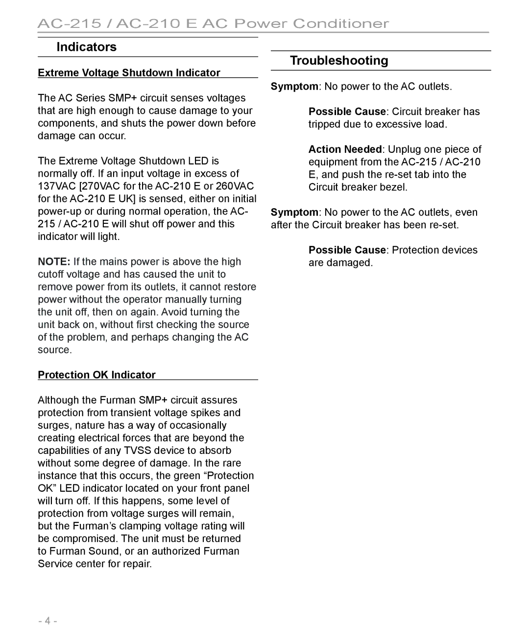 Furman Sound AC-210 E, AC-215 Indicators, Troubleshooting, Extreme Voltage Shutdown Indicator, Protection OK Indicator 