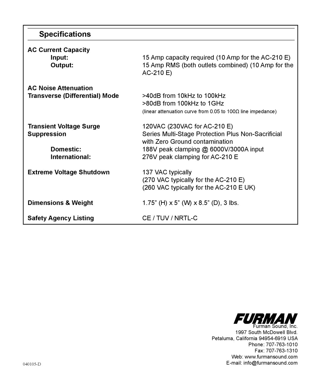 Furman Sound AC-210 E, AC-215 manual Speciﬁcations 