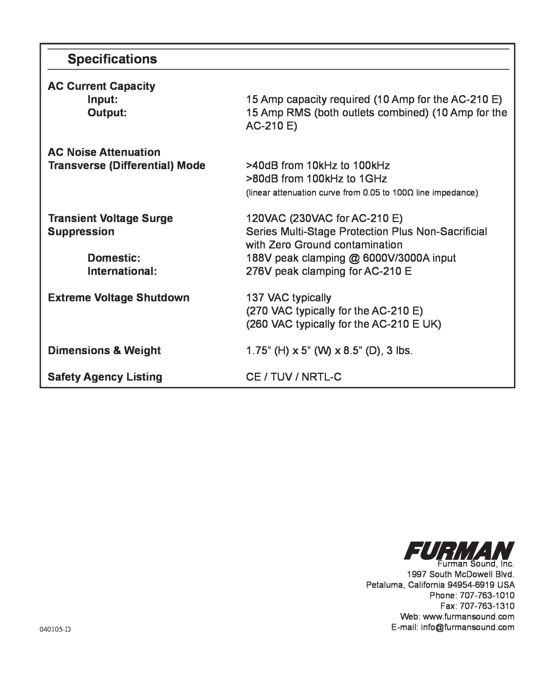 Furman Sound AC-210 E, AC-215 manual Speciﬁcations 