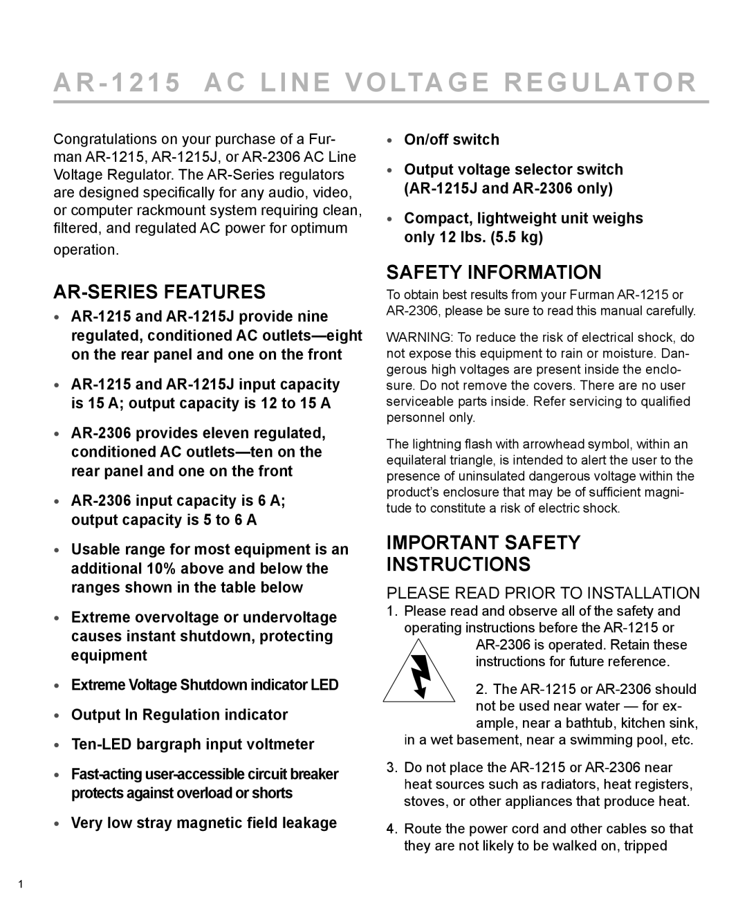 Furman Sound AR-1215J, AR-2306 manual AR-SERIES Features, Safety Information, Important Safety Instructions 