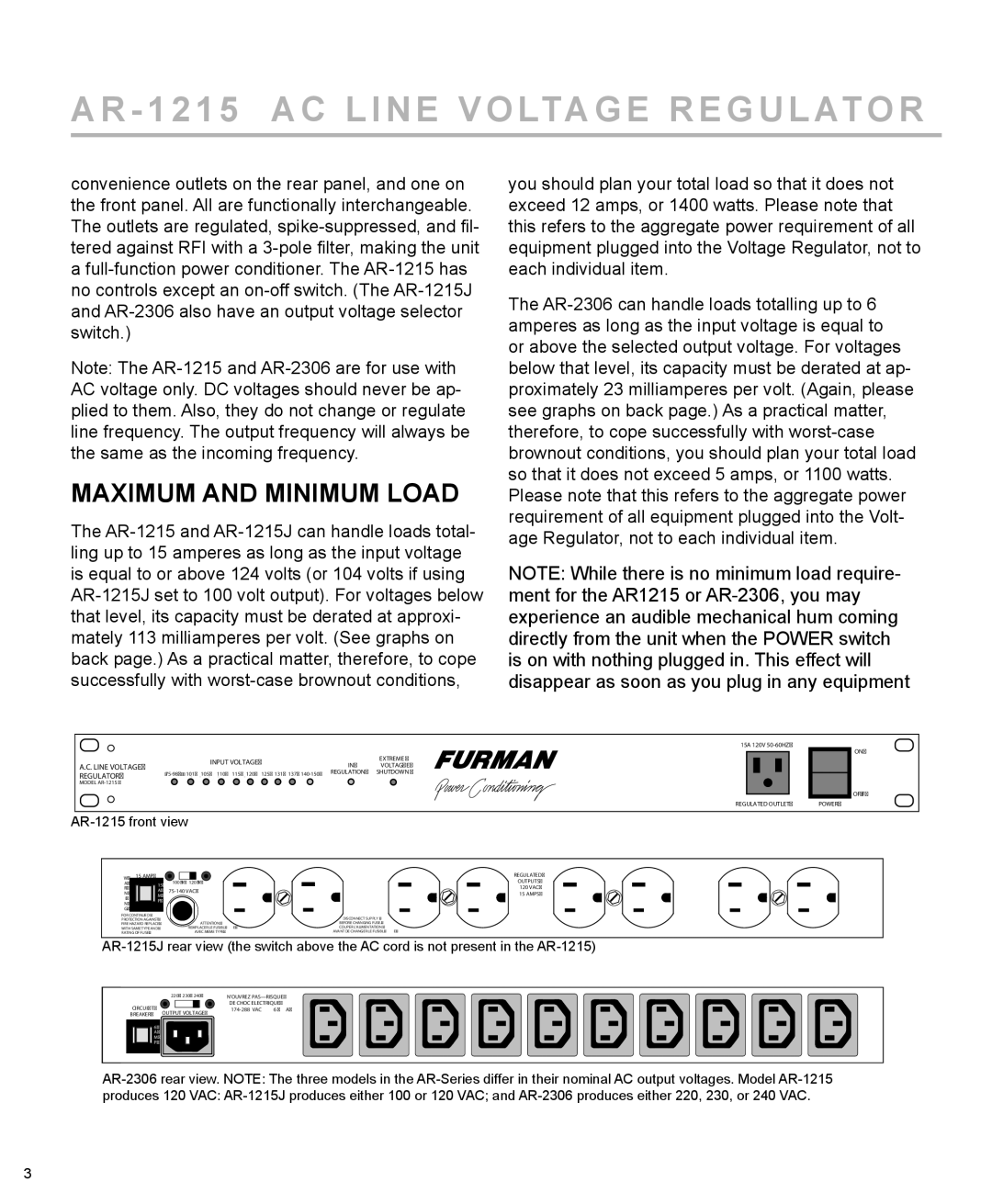 Furman Sound AR-2306, AR-1215J manual Maximum and Minimum Load, Regulator 