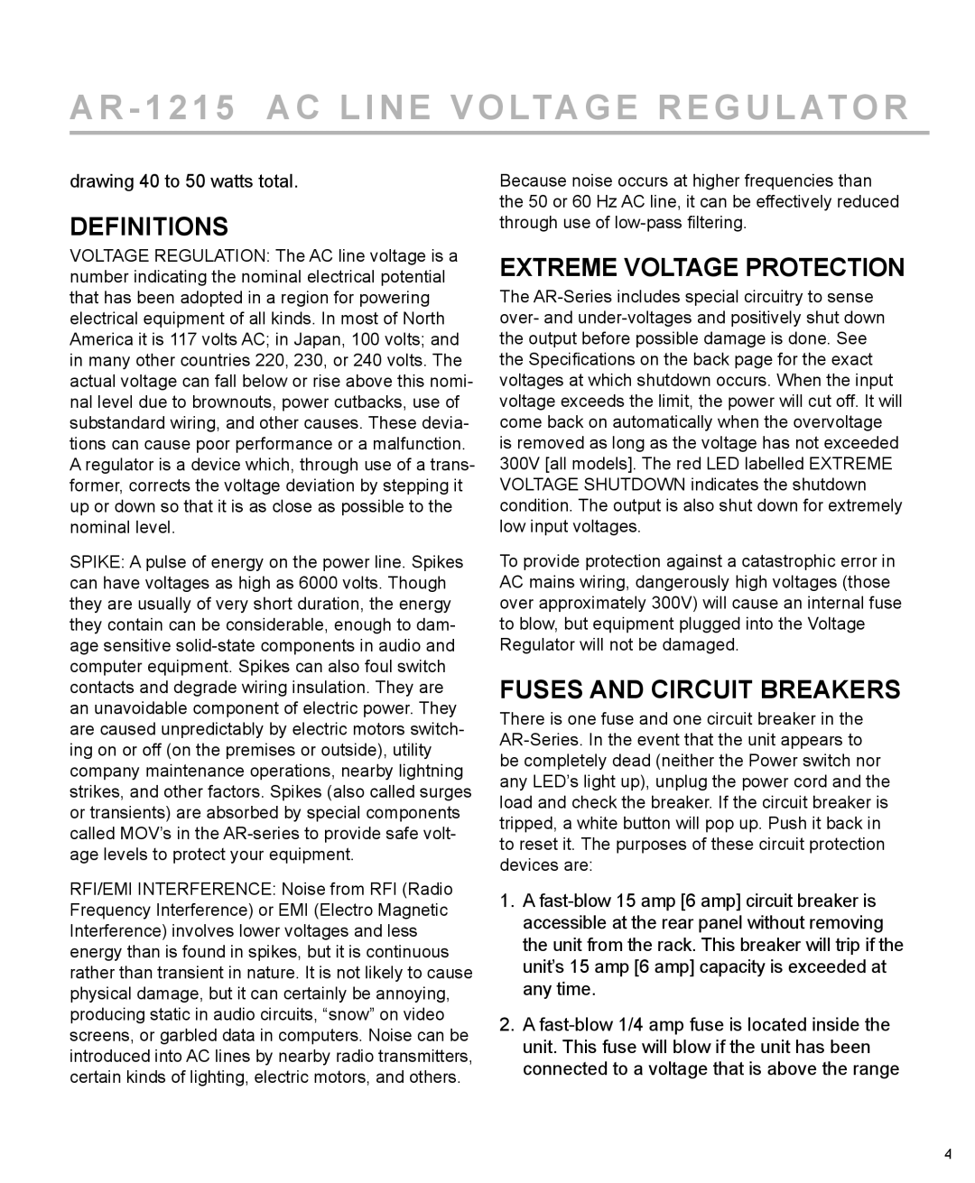 Furman Sound AR-1215J, AR-2306 manual Definitions, Extreme Voltage Protection, Fuses and Circuit Breakers 