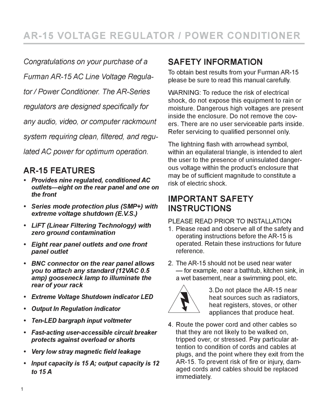 Furman Sound manual AR-15 Features, Safety Information, Important Safety Instructions 