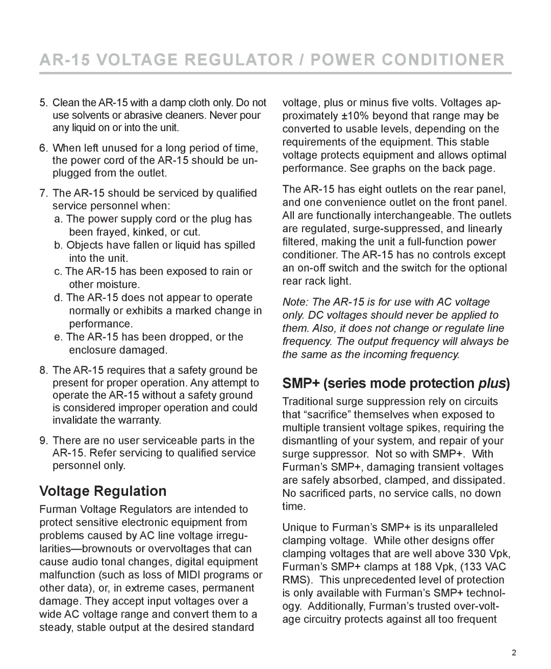 Furman Sound AR-15 manual Voltage Regulation, SMP+ series mode protection plus 