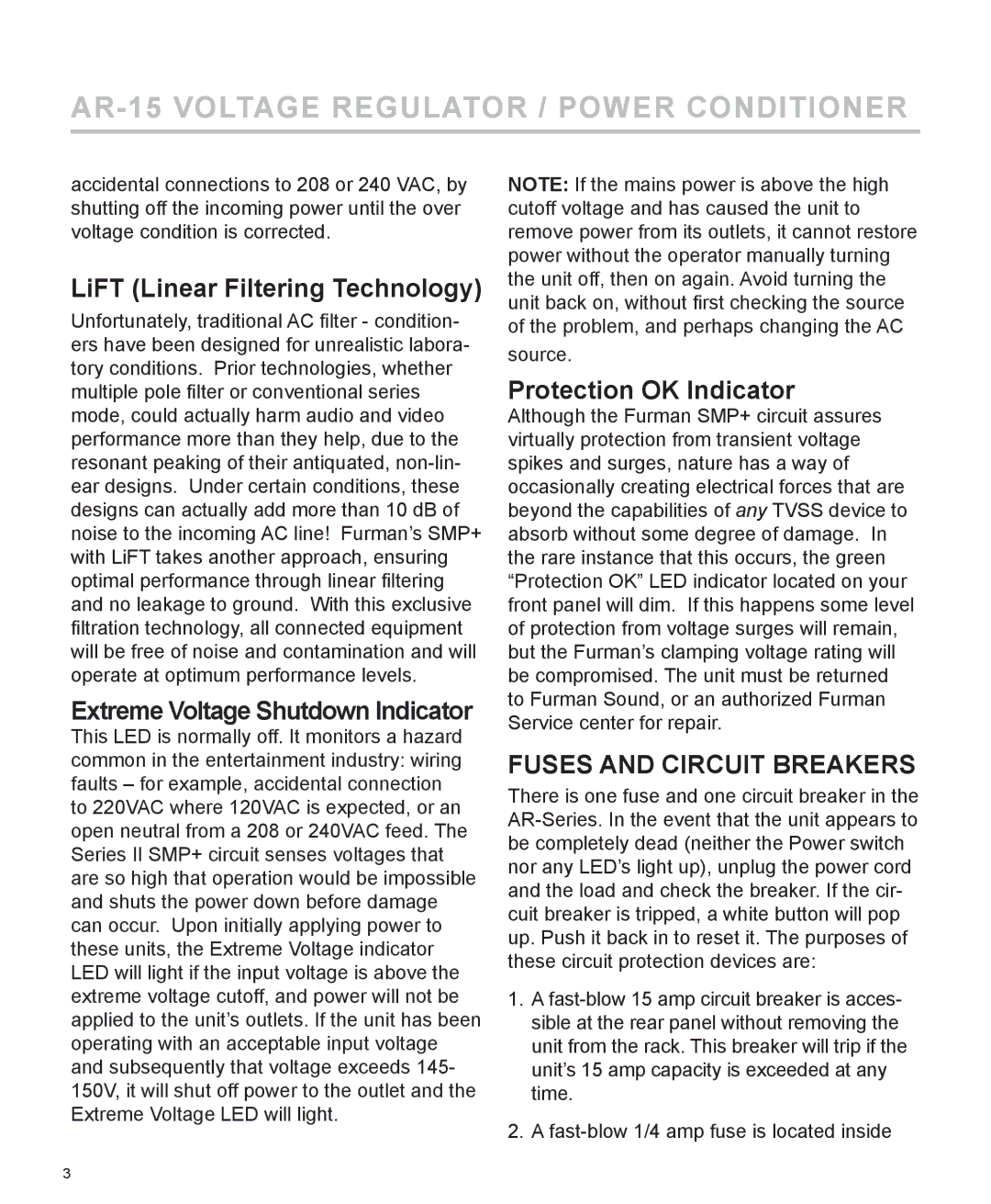 Furman Sound AR-15 manual LiFT Linear Filtering Technology, Extreme Voltage Shutdown Indicator, Protection OK Indicator 