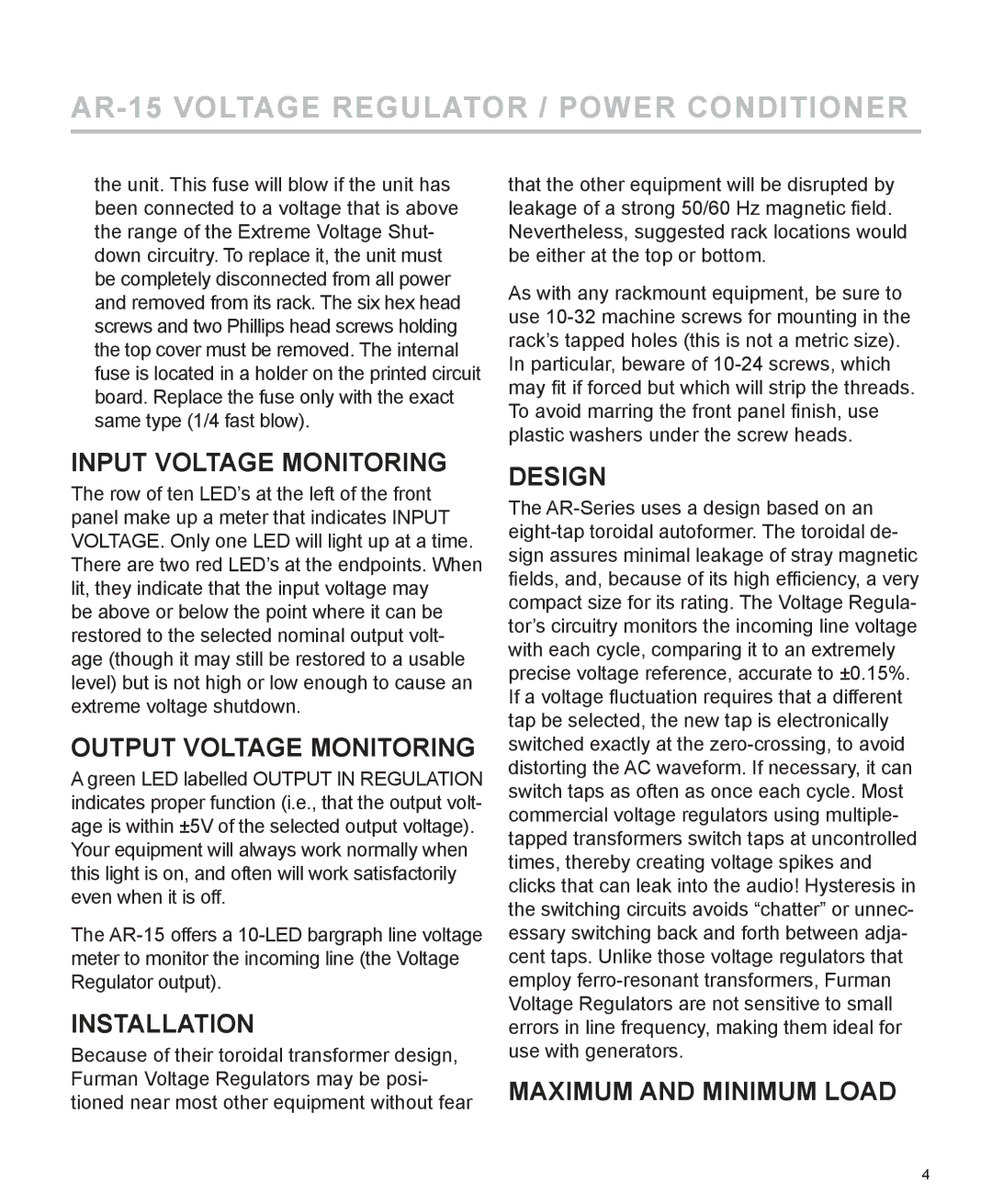 Furman Sound AR-15 Input Voltage Monitoring, Output Voltage Monitoring, Installation, Design, Maximum and Minimum Load 