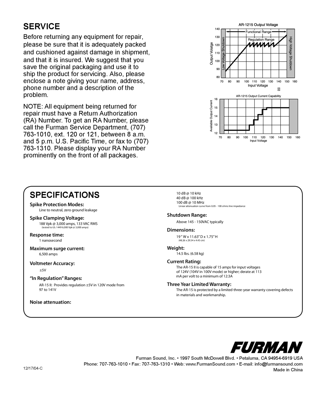 Furman Sound AR-15 manual Service, Specifications 