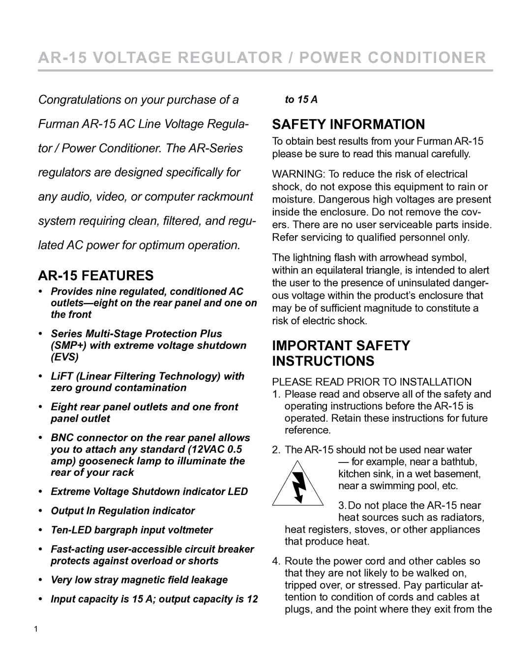 Furman Sound manual AR-15 Features, Safety Information, Important Safety Instructions 