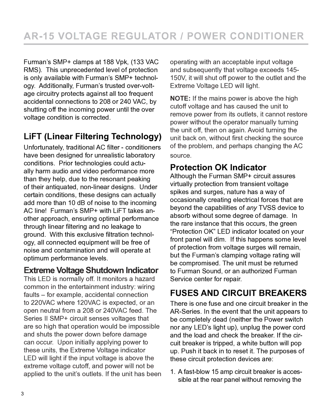 Furman Sound AR-15 manual LiFT Linear Filtering Technology, Protection OK Indicator, Fuses and Circuit Breakers 