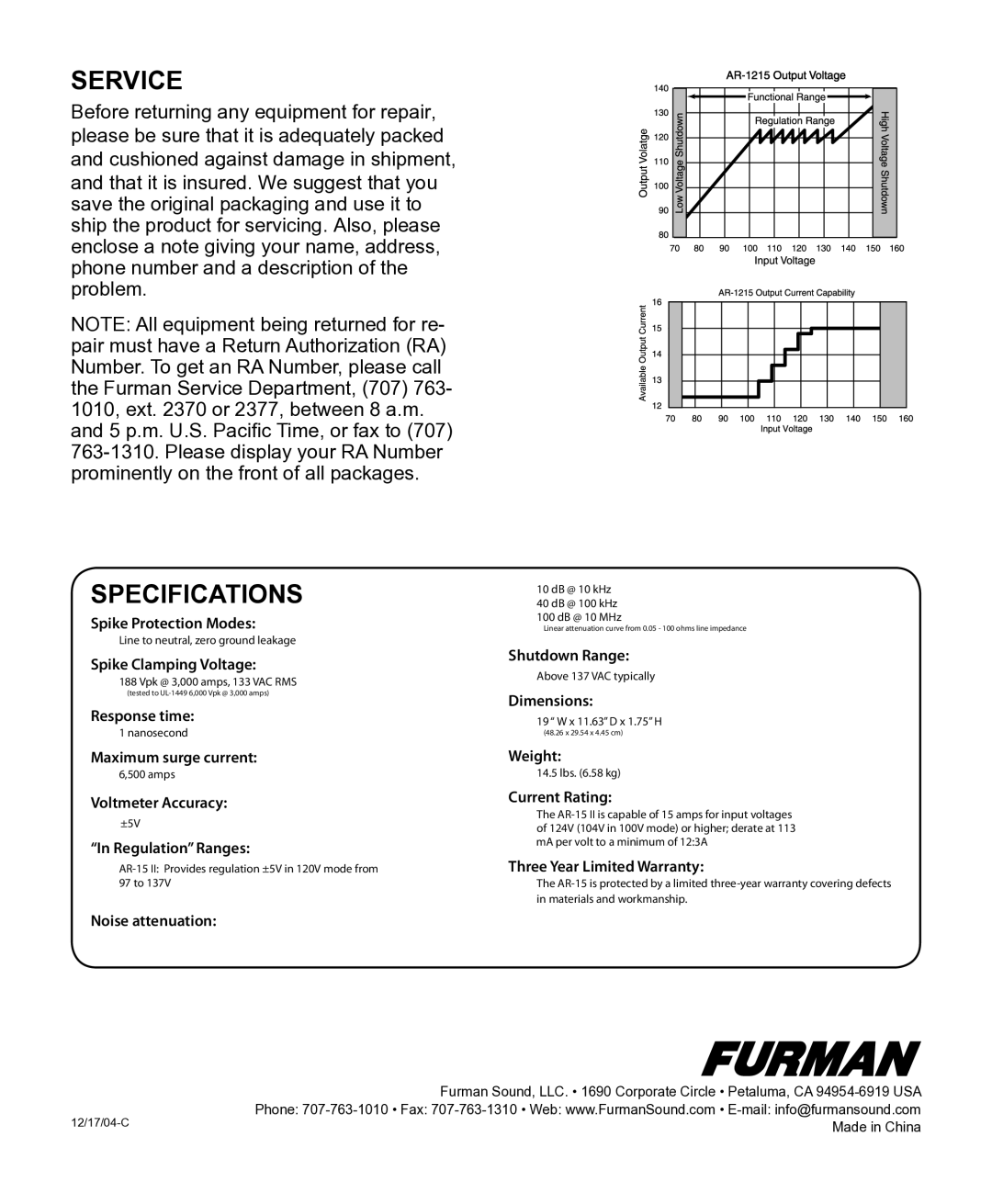 Furman Sound AR-15 manual Service, Specifications 