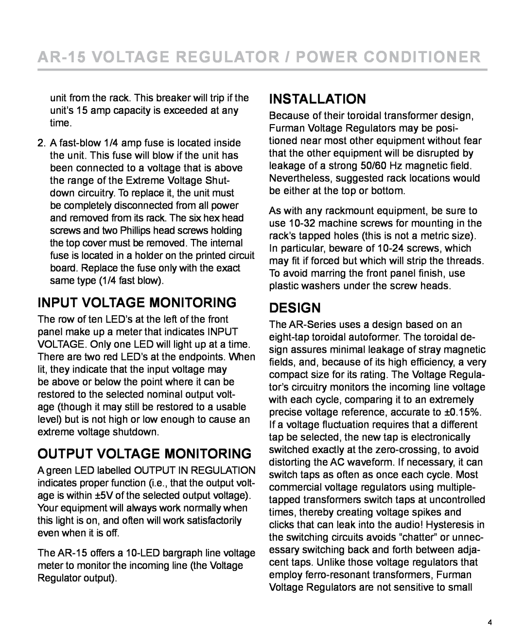 Furman Sound AR-15 manual Input Voltage Monitoring, Output Voltage Monitoring, Installation, Design 