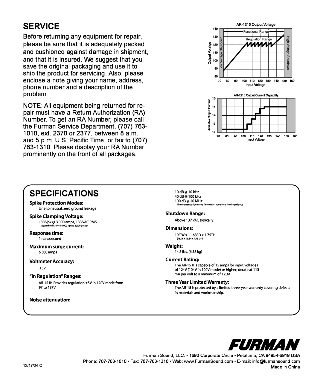 Furman Sound AR-15 manual Service, Specifications 