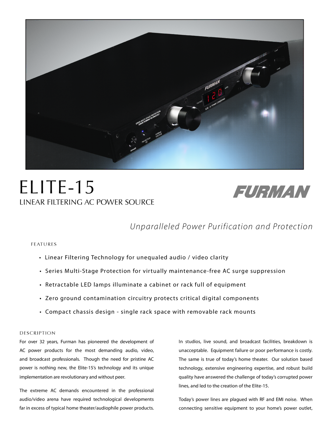 Furman Sound Elite-15 manual ELITE-15, Unparalleled Power Purification and Protection, Features, Description 