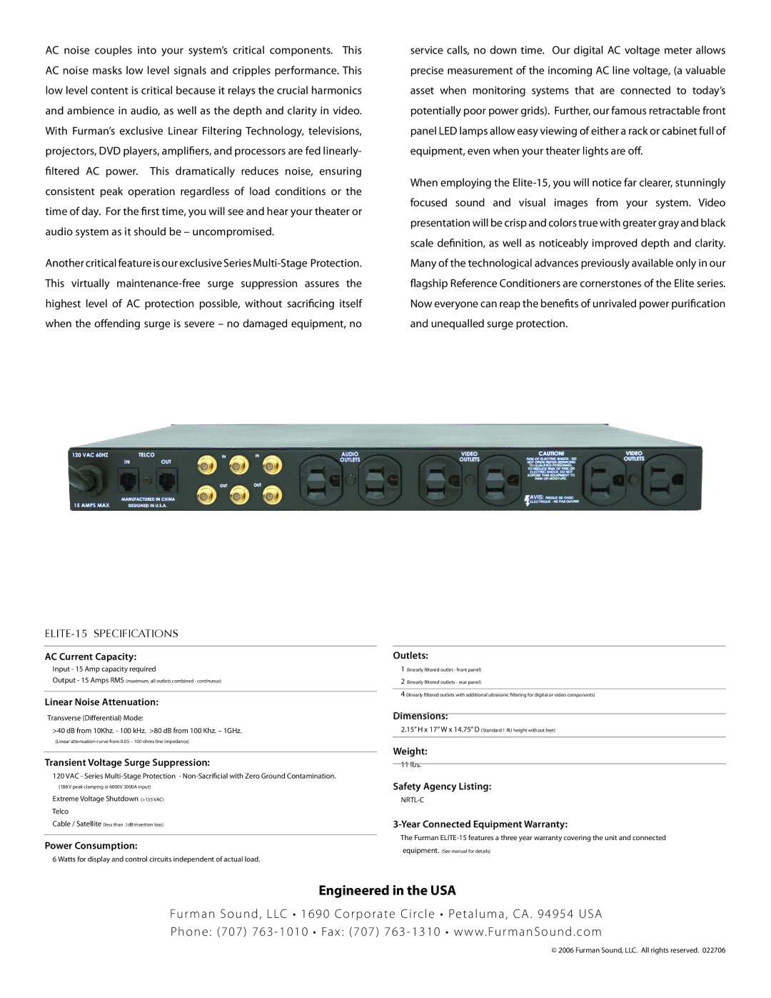 Furman Sound Elite-15 manual ELITE-15 Specifications 