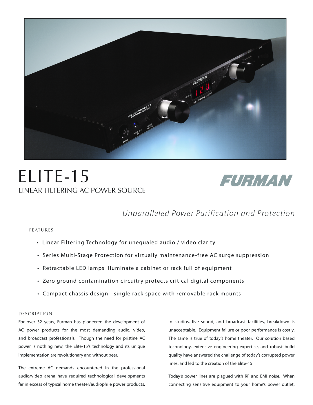 Furman Sound Elite-15 manual ELITE-15, Unparalleled Power Purification and Protection, Linear Filtering Ac Power Source 