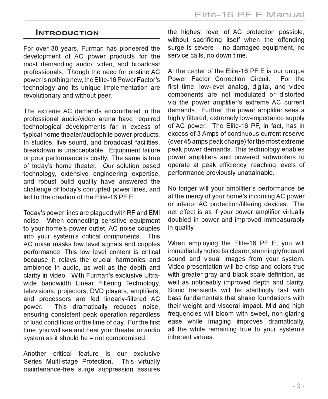 Furman Sound Elite-16 PF E manual Introduction 