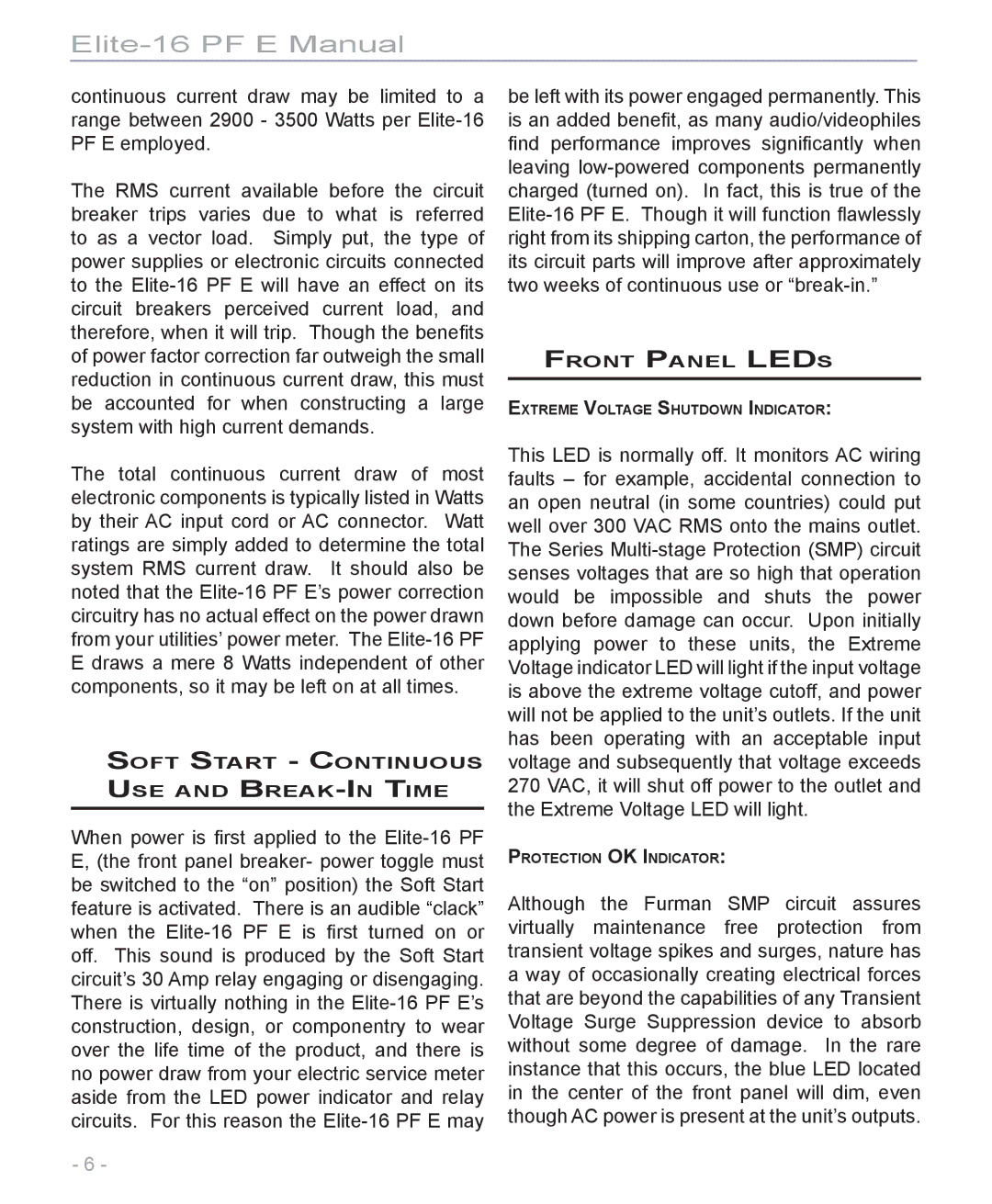 Furman Sound Elite-16 PF E manual Soft Start Continuous Use and Break-In Time 