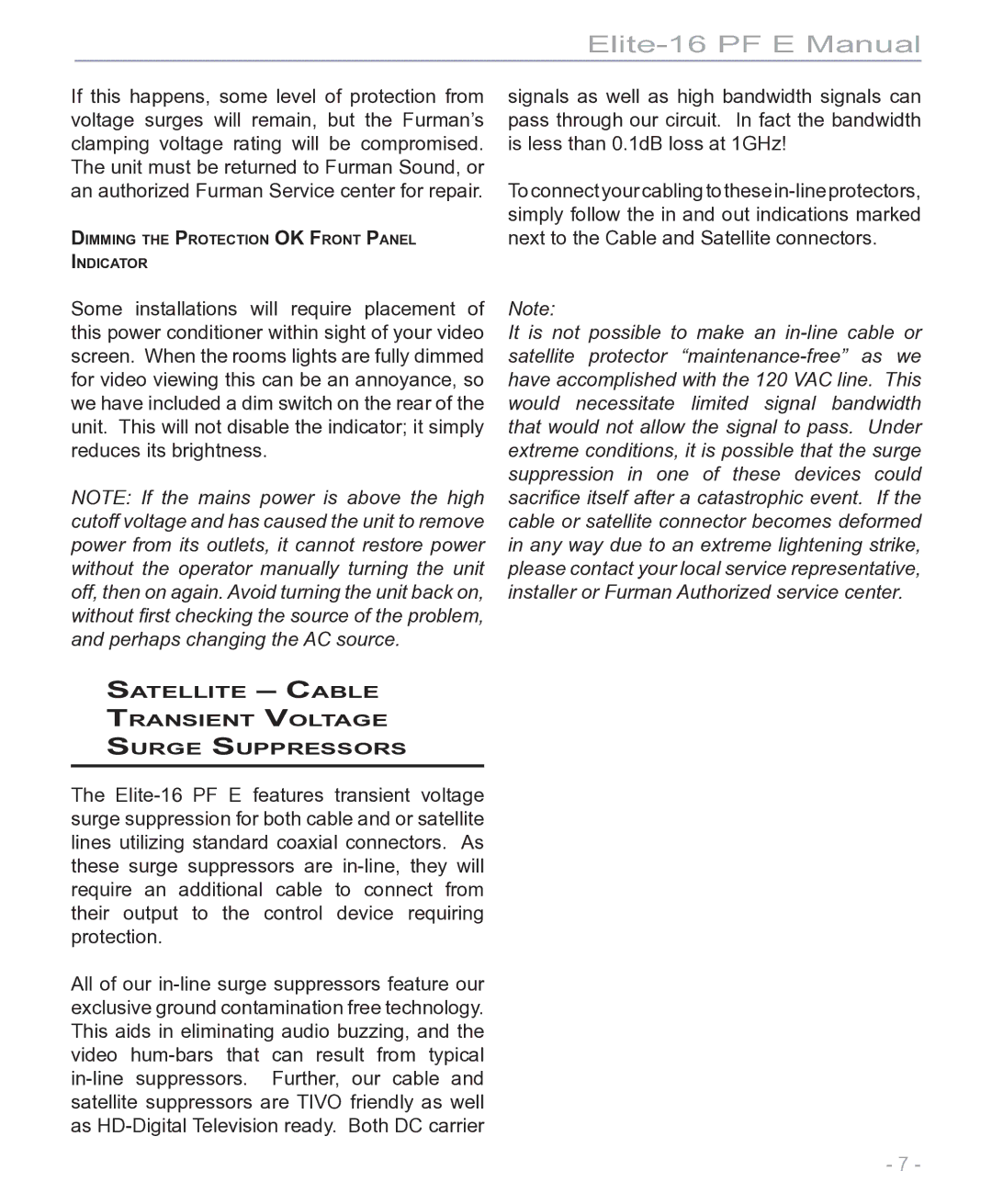 Furman Sound Elite-16 PF E manual Satellite Cable Transient Voltage Surge Suppressors 