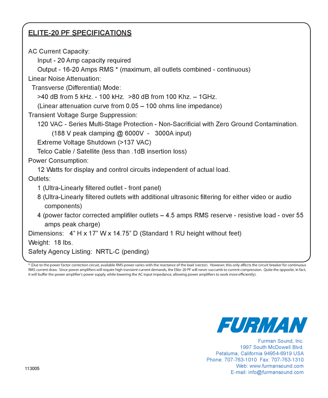 Furman Sound ElitE 20 PF owner manual ELITE-20 PF Specifications 