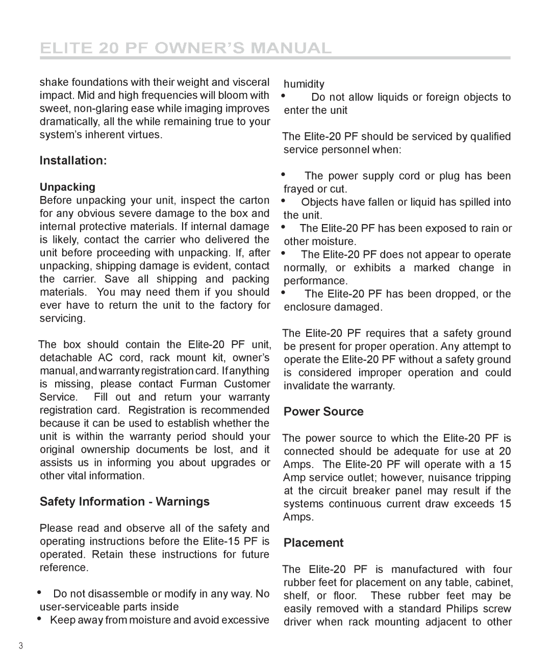 Furman Sound ElitE 20 PF owner manual Installation, Safety Information Warnings, Power Source, Placement, Unpacking 