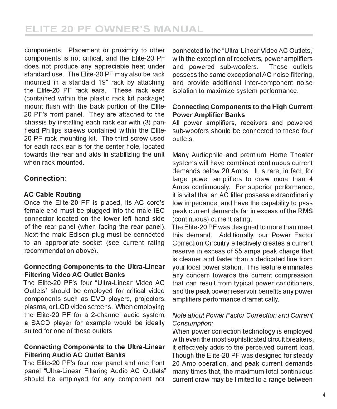 Furman Sound ElitE 20 PF owner manual Connection, AC Cable Routing 