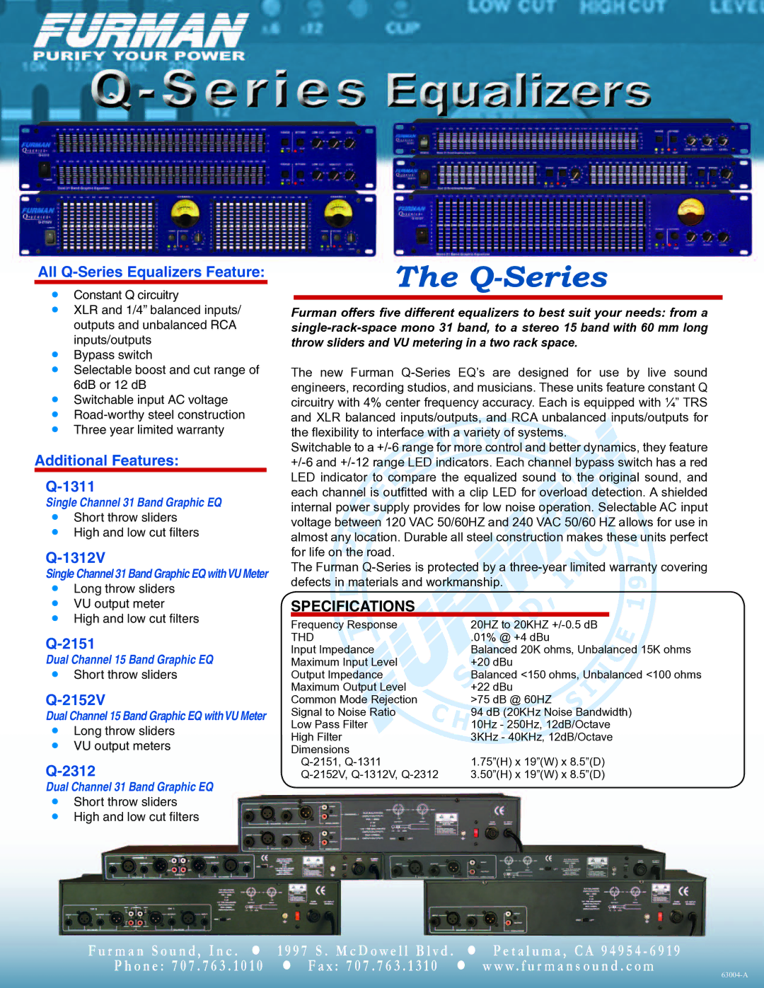 Furman Sound EQ-3212, EQ-2151 specifications Q-Series, A L, Specifications 