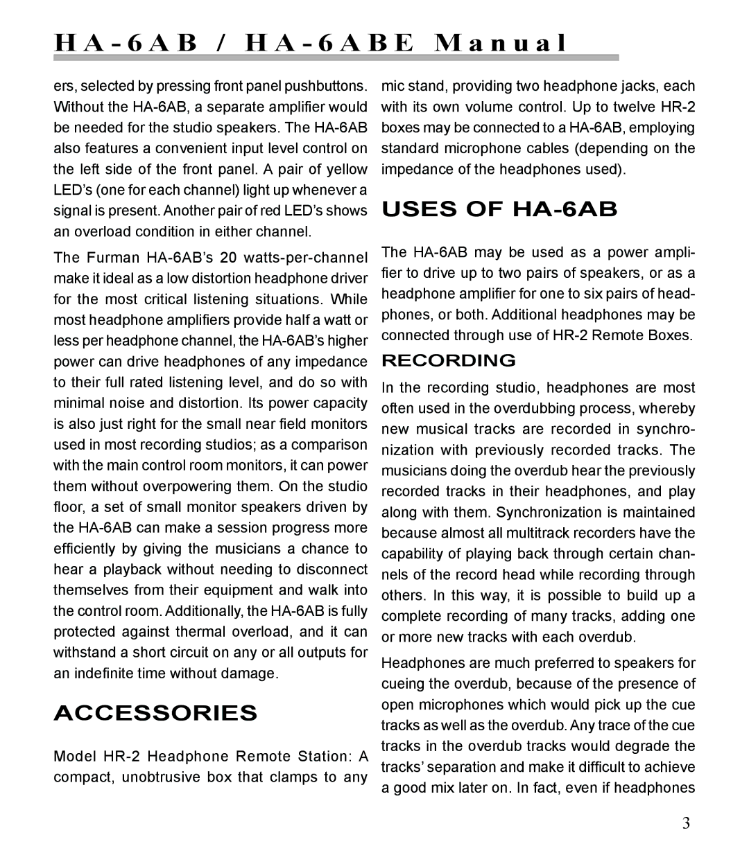 Furman Sound manual Accessories, Uses of HA-6AB, Recording 