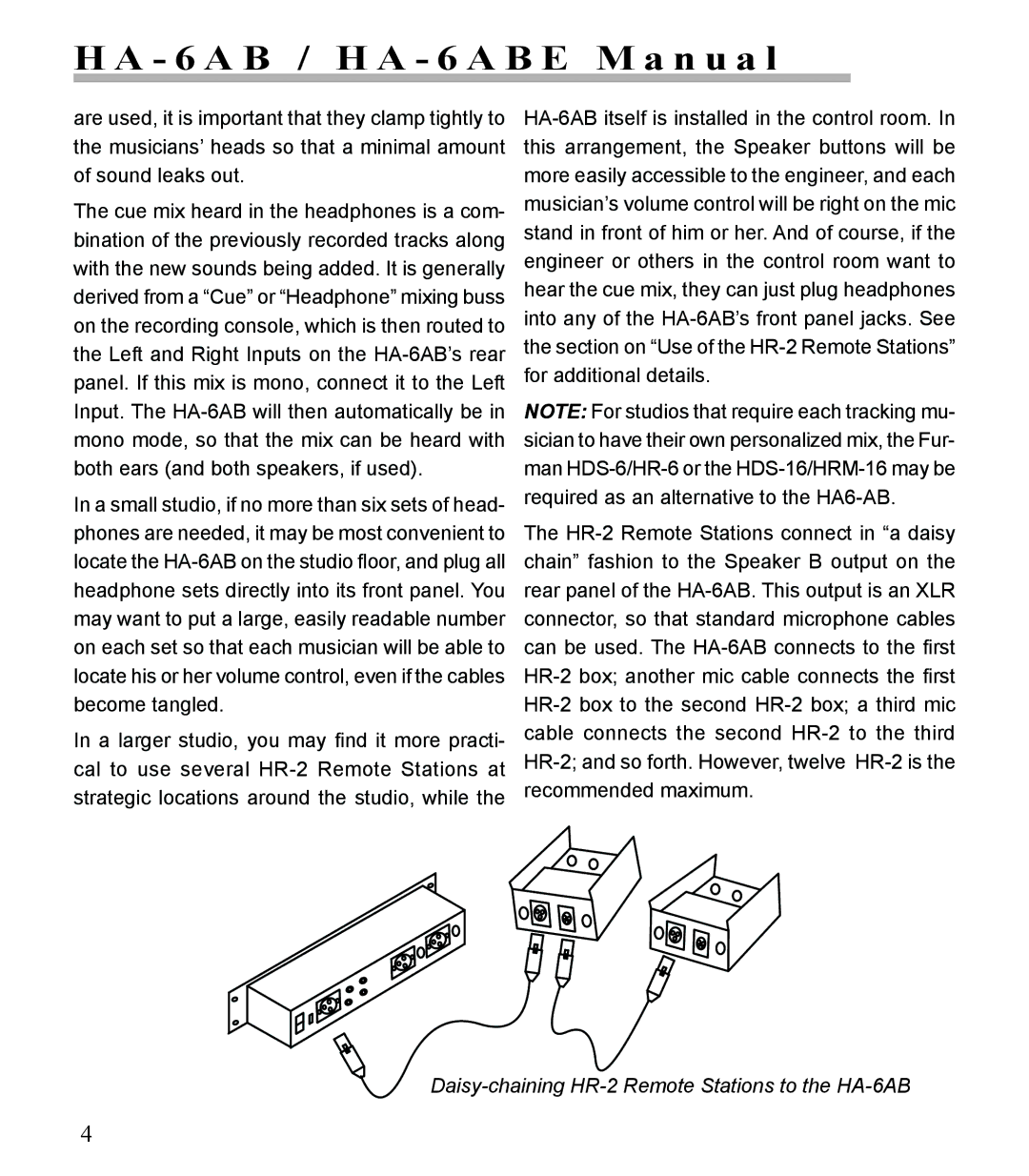 Furman Sound manual Daisy-chaining HR-2 Remote Stations to the HA-6AB 