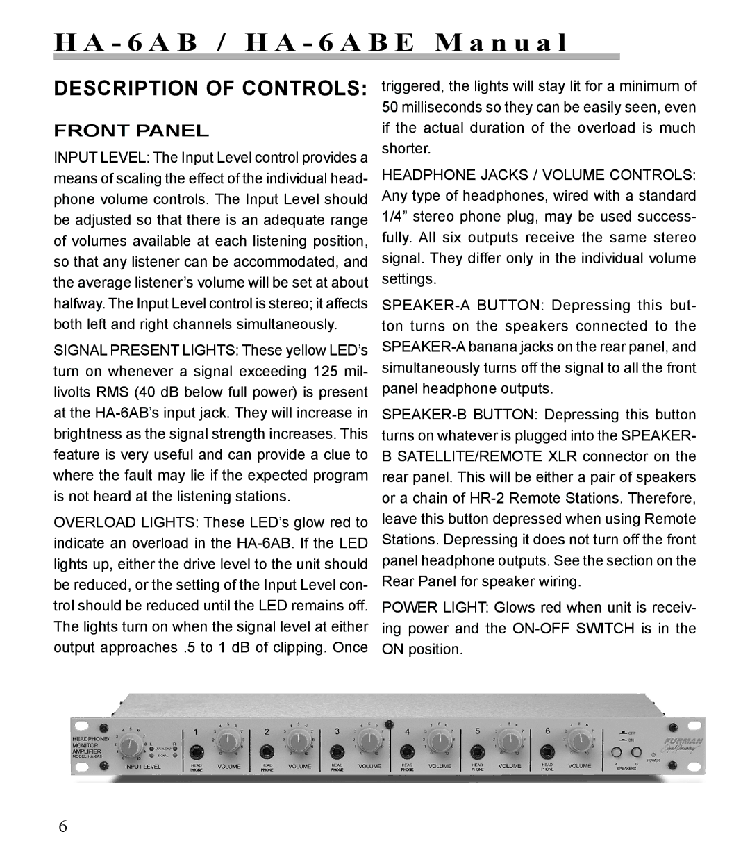 Furman Sound HA-6AB manual Description of Controls, Front Panel 