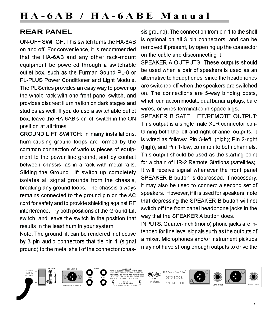 Furman Sound HA-6AB manual Rear Panel 