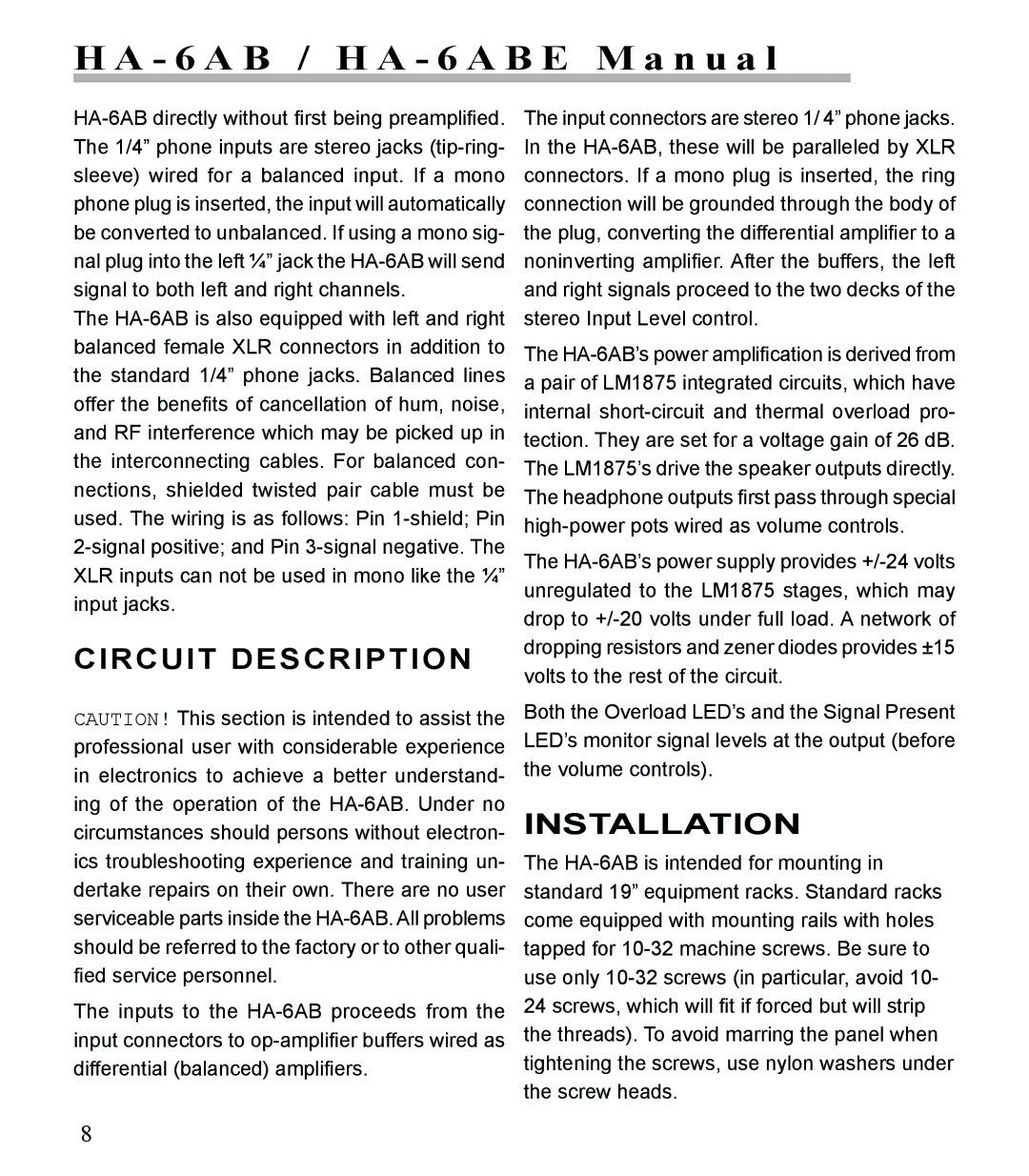 Furman Sound HA-6AB manual Circuit Description, Installation 