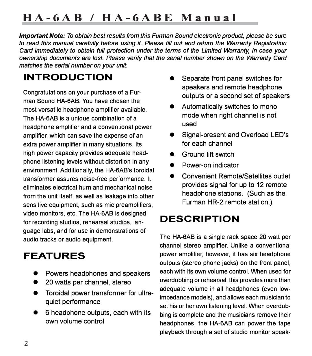 Furman Sound HA-6AB manual Introduction, Features, Description, H A - 6 A B / H A - 6 A B E M a n u a l 