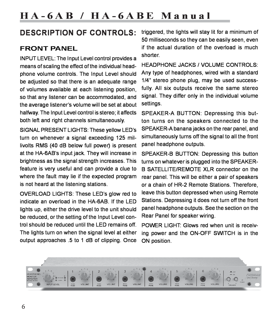 Furman Sound HA-6AB manual Description Of Controls, Front Panel, H A - 6 A B / H A - 6 A B E M a n u a l 