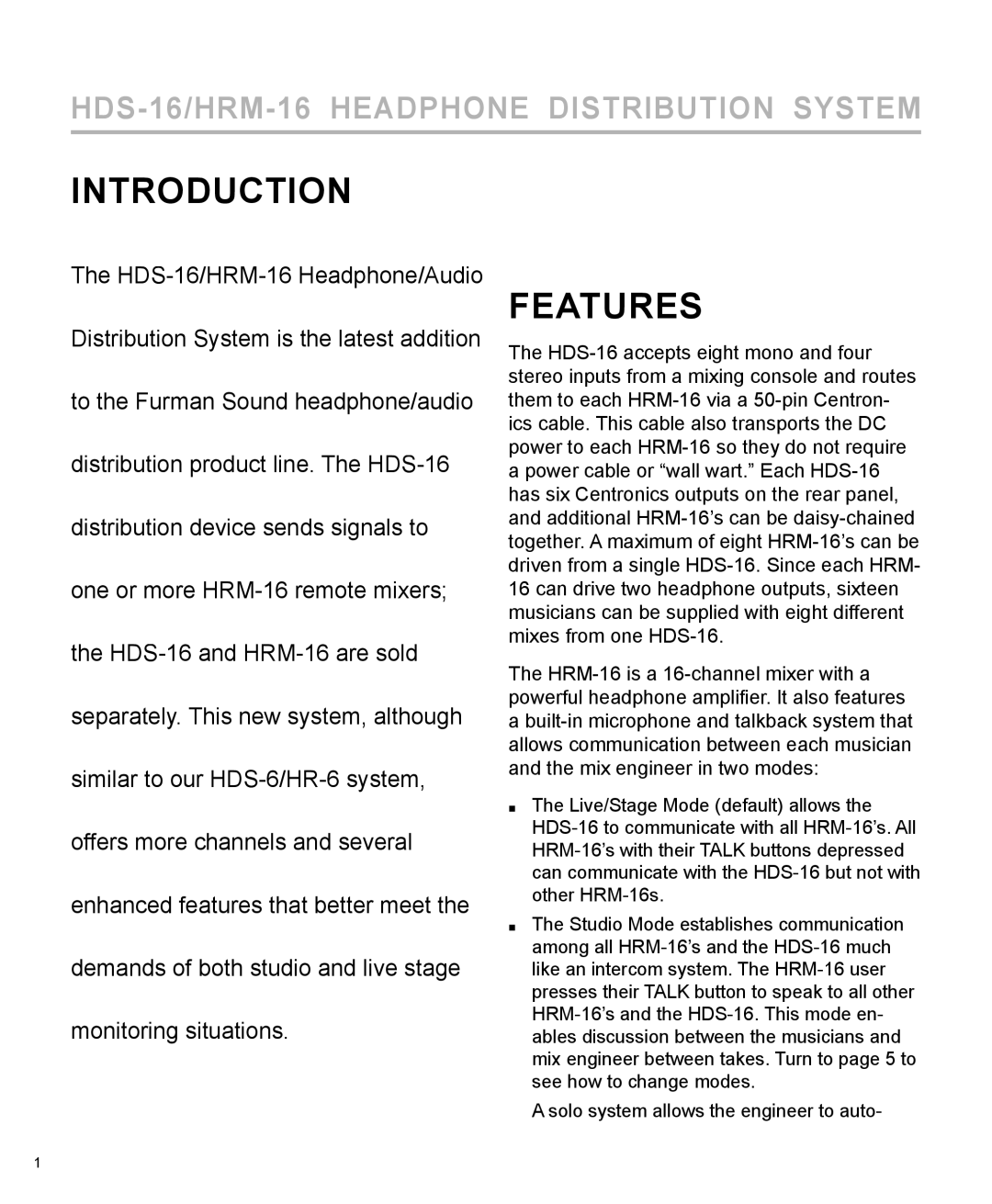 Furman Sound HRM-16, HDS-16 manual Introduction, Features 