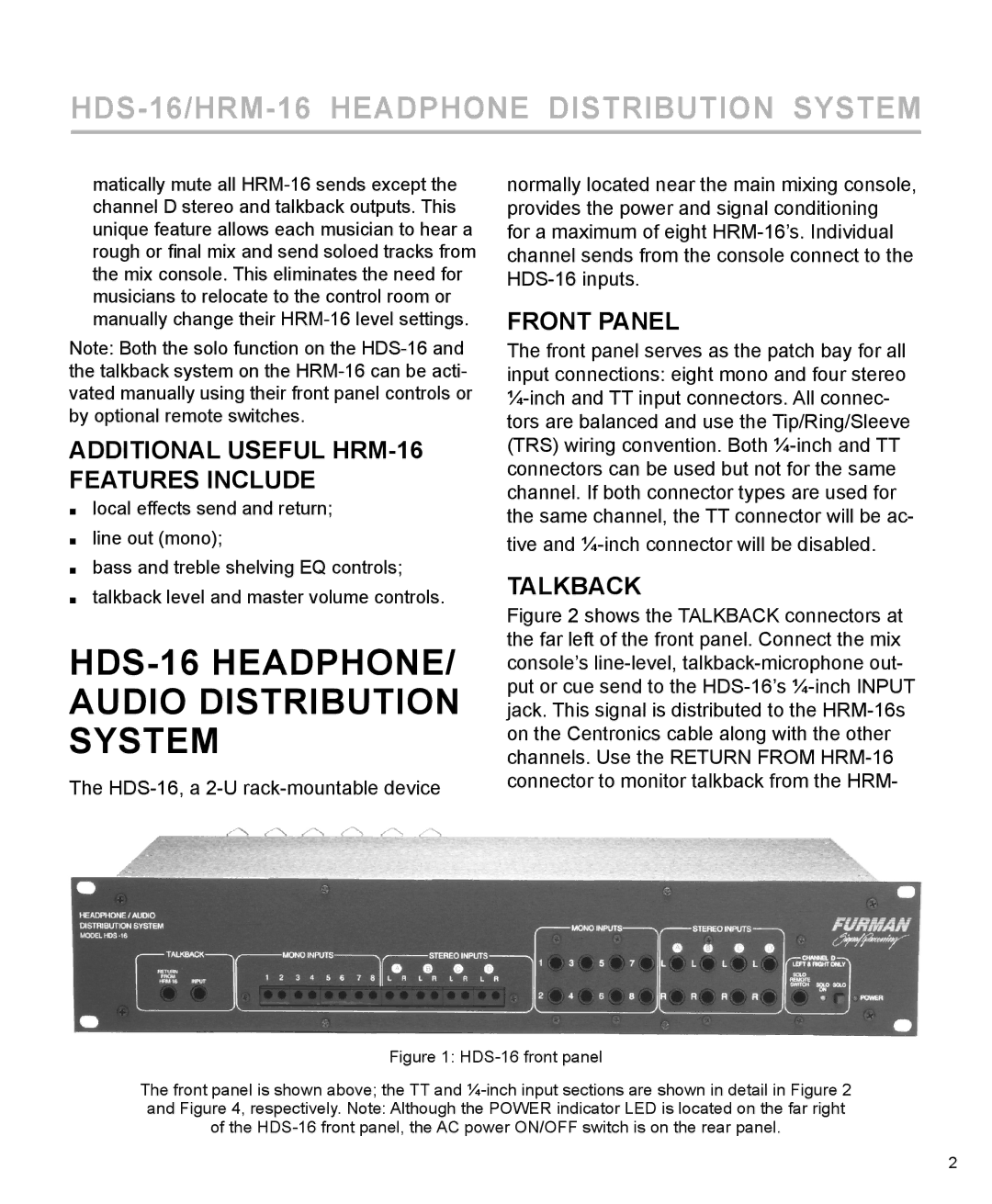 Furman Sound manual HDS-16 HEADPHONE/ Audio Distribution System, Additional Useful HRM-16 Features Include, Front Panel 