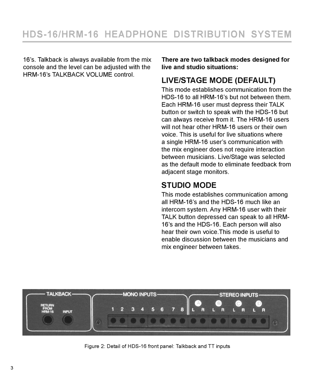 Furman Sound HRM-16, HDS-16 manual LIVE/STAGE Mode Default, Studio Mode 