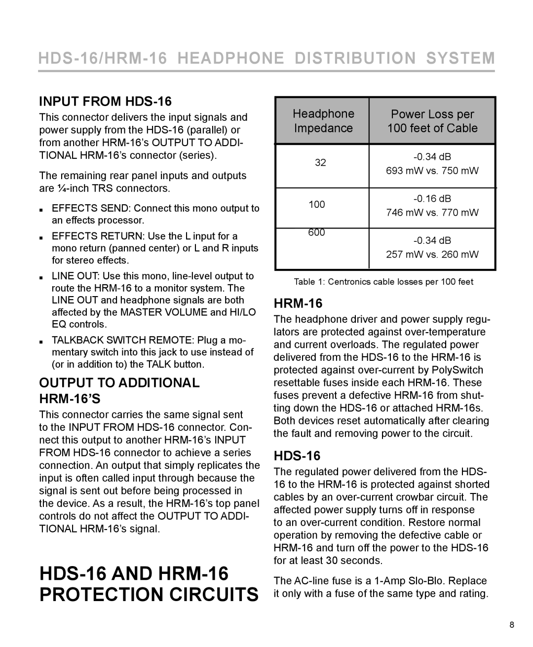 Furman Sound manual HDS-16 and HRM-16 Protection Circuits, Input from HDS-16, Output to Additional 