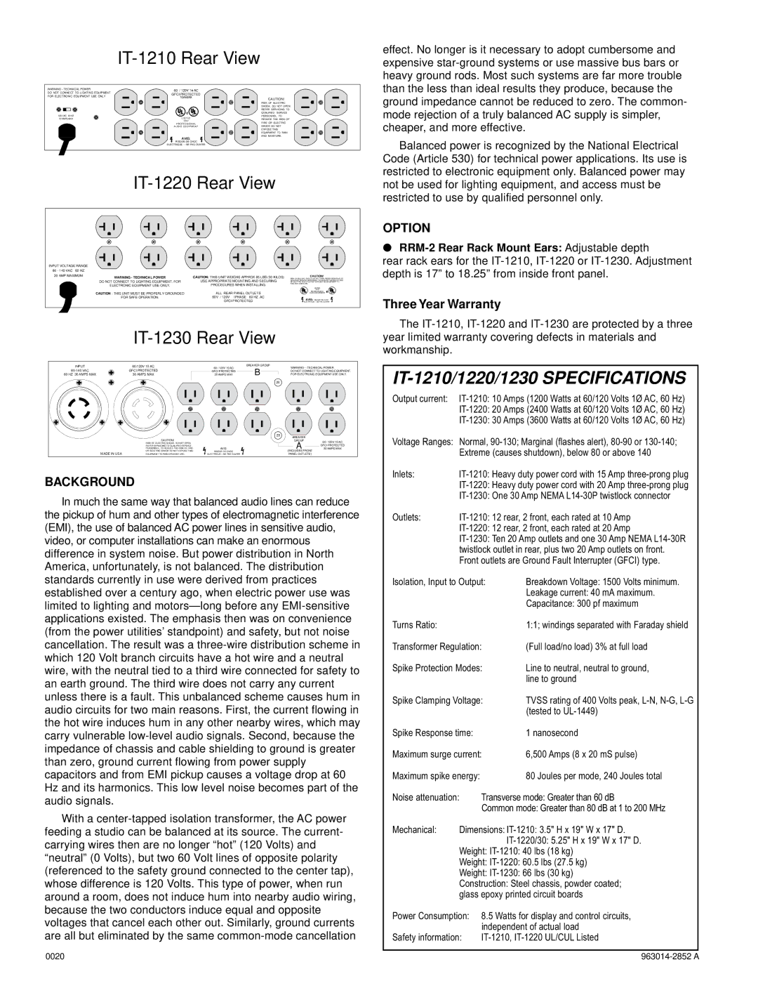 Furman Sound manual IT-1210 Rear View, IT-1220 Rear View, IT-1230 Rear View, Background, Option 