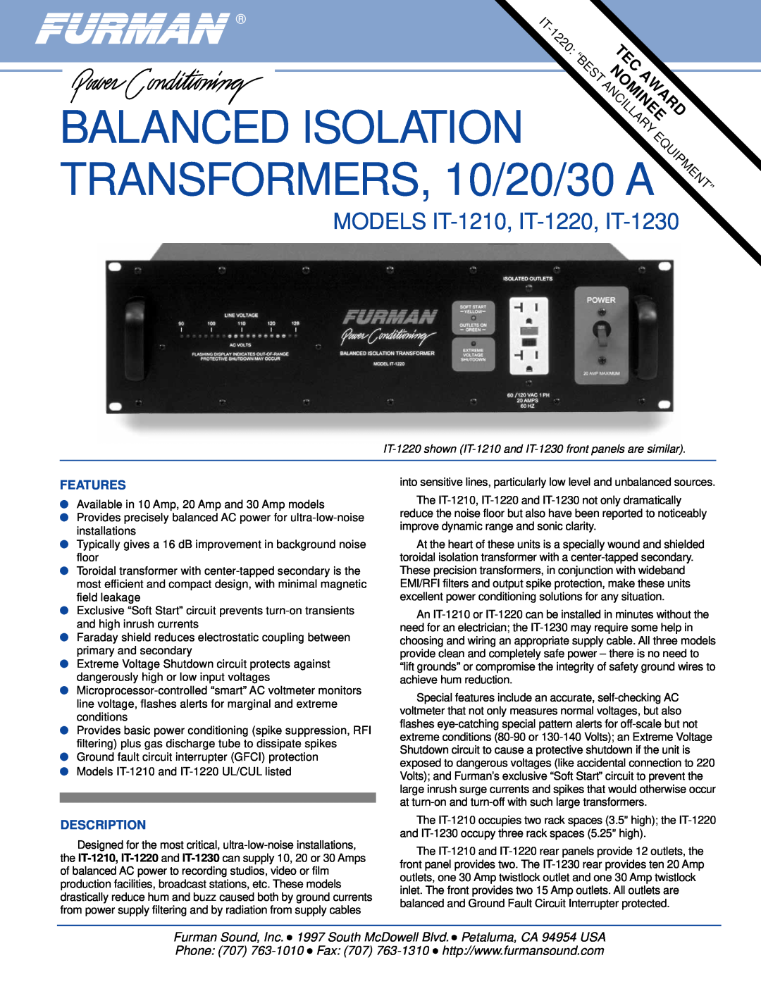 Furman Sound manual Ancillary, TRANSFORMERS, 10/20/30 A, Balanced Isolation, MODELS IT-1210, IT-1220, IT-1230, Nominee 