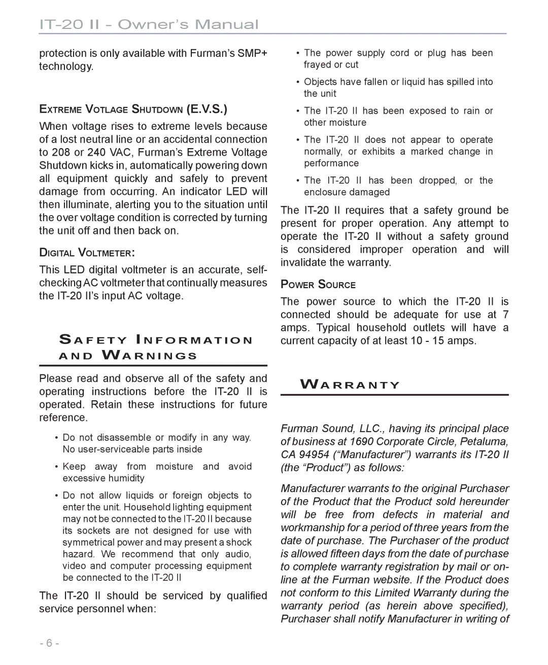 Furman Sound IT-20 II manual Protection is only available with Furman’s SMP+ technology 