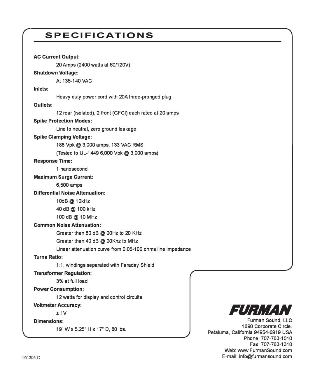 Furman Sound IT-20 II manual Specifications 