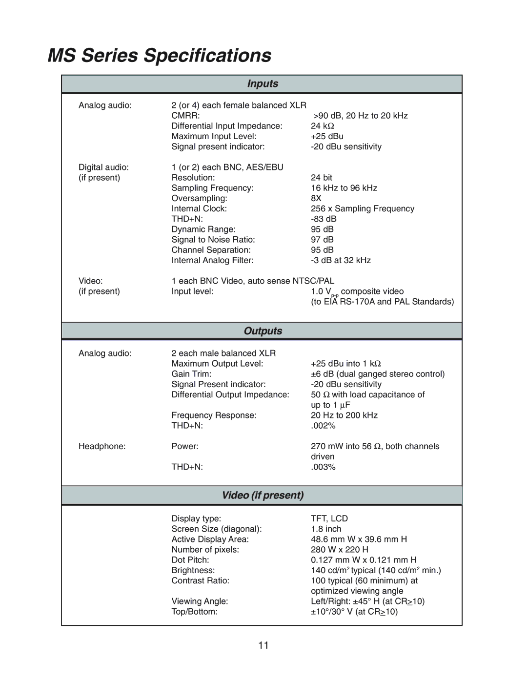 Furman Sound MS2A-1 owner manual MS Series Specifications, Inputs 