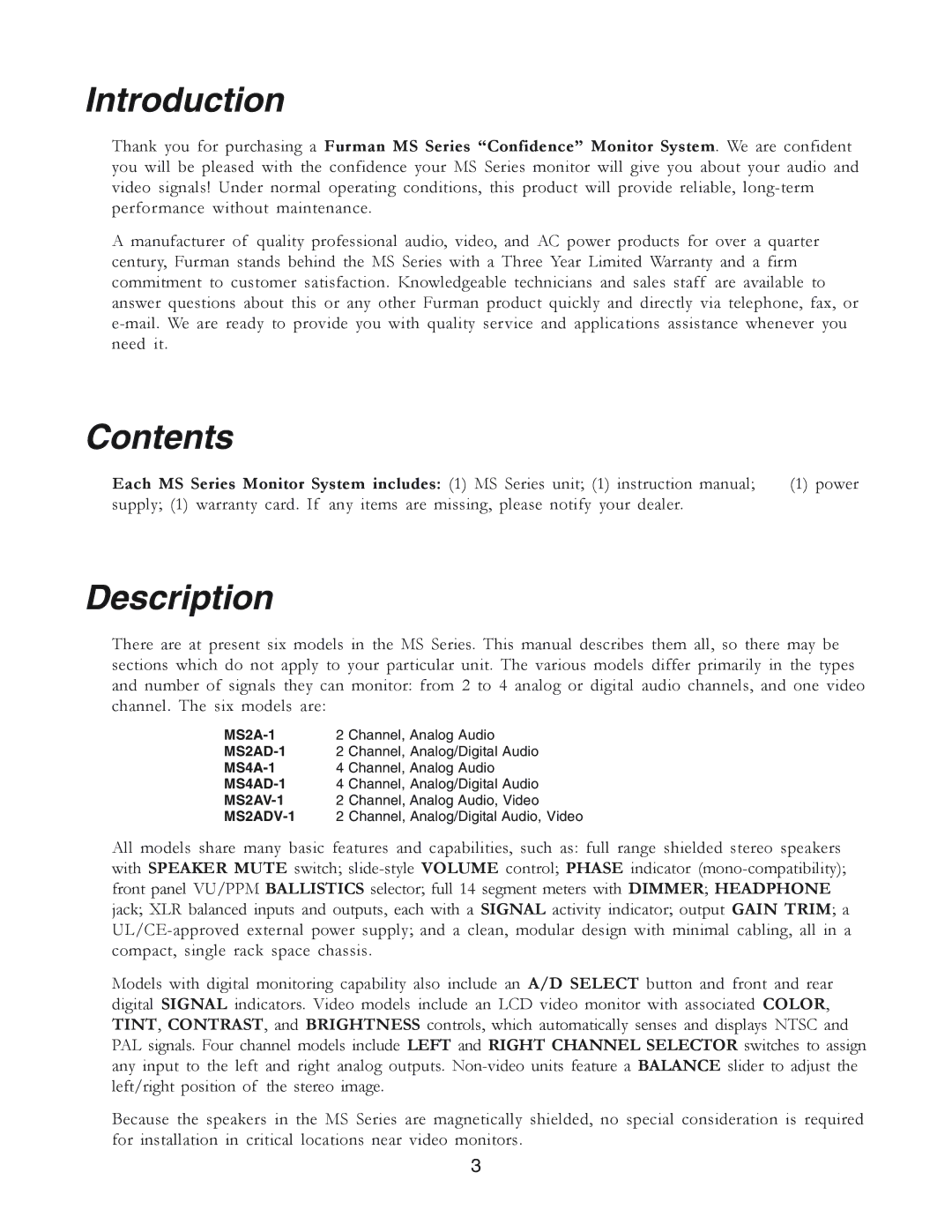 Furman Sound MS2A-1 owner manual Introduction, Contents, Description 