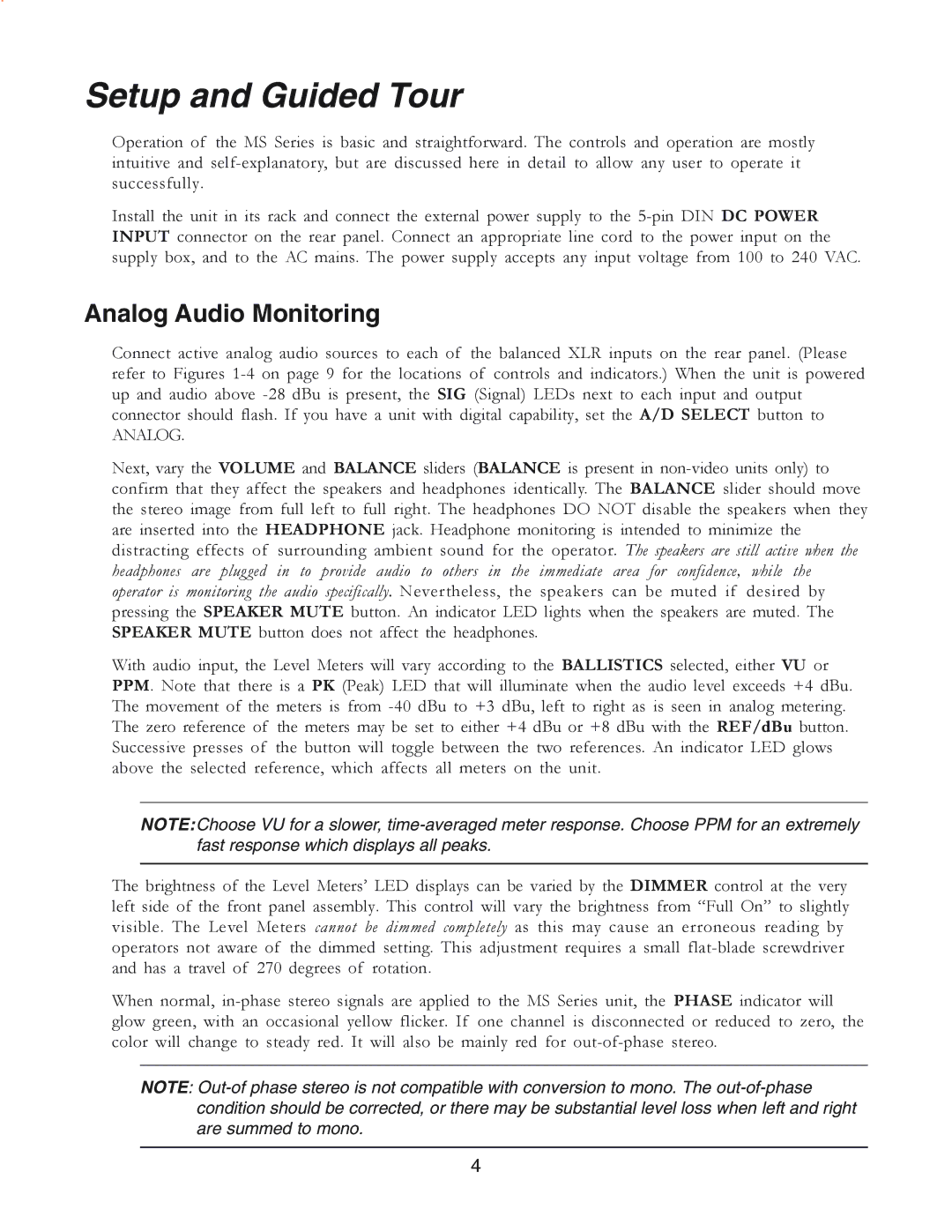 Furman Sound MS2A-1 owner manual Setup and Guided Tour, Analog Audio Monitoring 