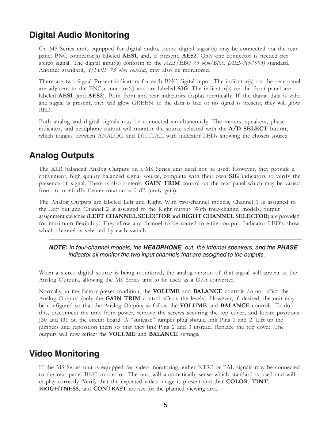 Furman Sound MS2A-1 owner manual Digital Audio Monitoring, Analog Outputs, Video Monitoring 