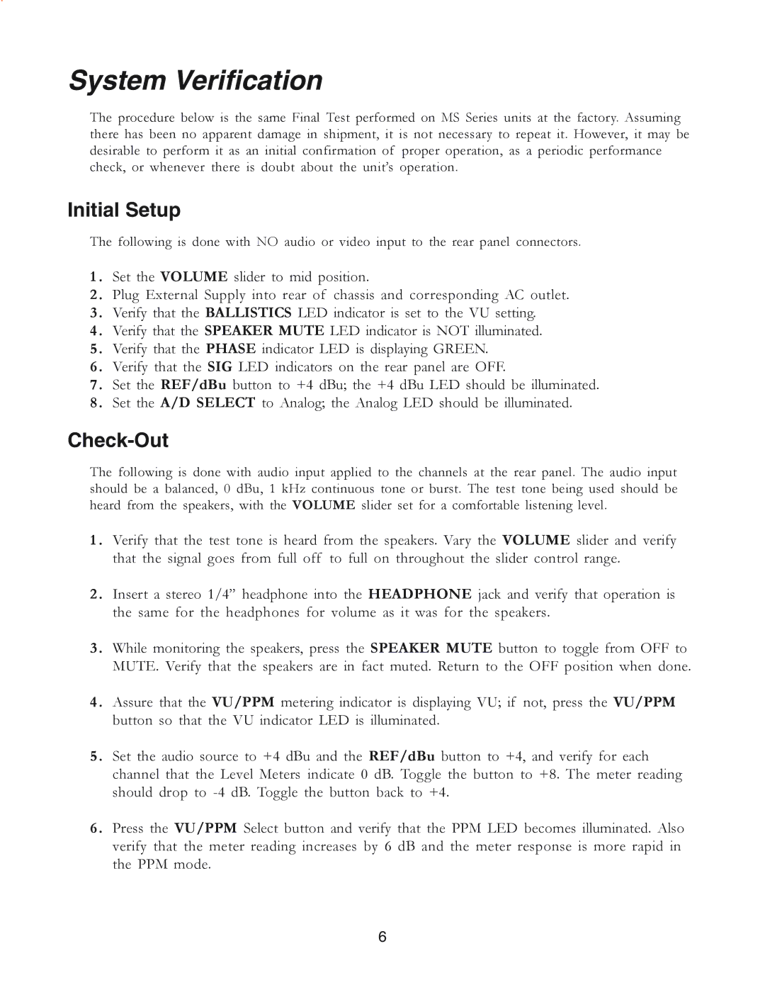 Furman Sound MS2A-1 owner manual System Verification, Initial Setup, Check-Out 