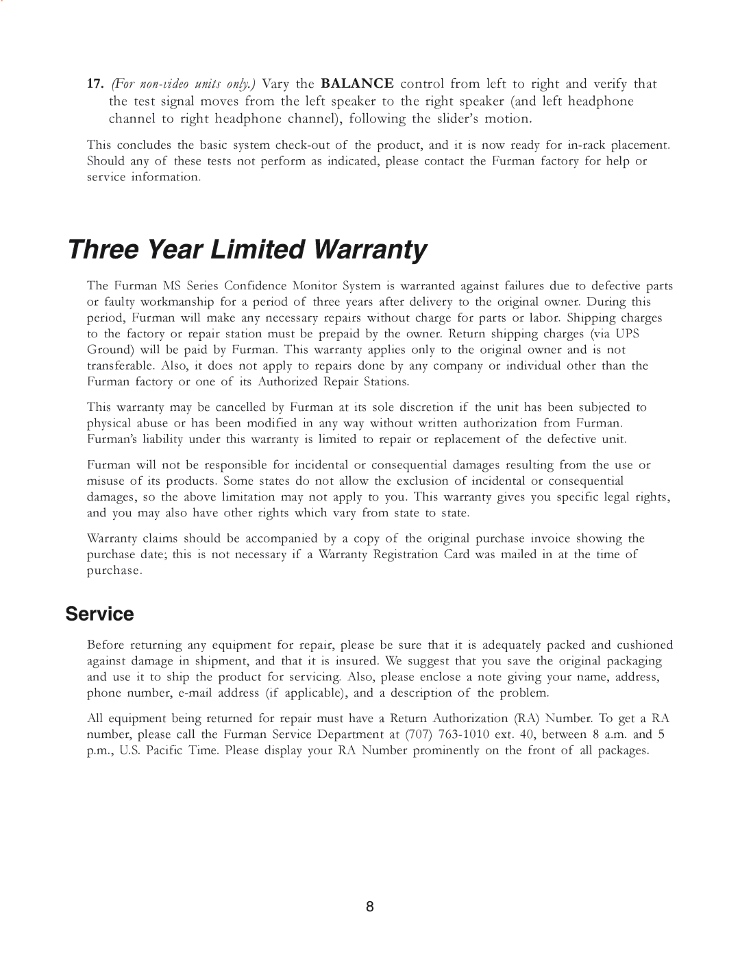 Furman Sound MS2A-1 owner manual Three Year Limited Warranty, Service 