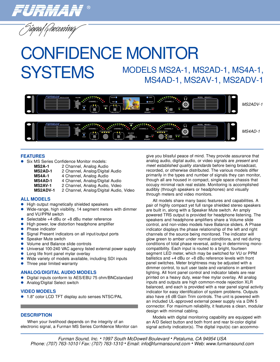 Furman Sound MS4A-1, MS2AV-1, MS4AD-1 warranty Features, ALL Models, ANALOG/DIGITAL Audio Models, Video Models, Description 