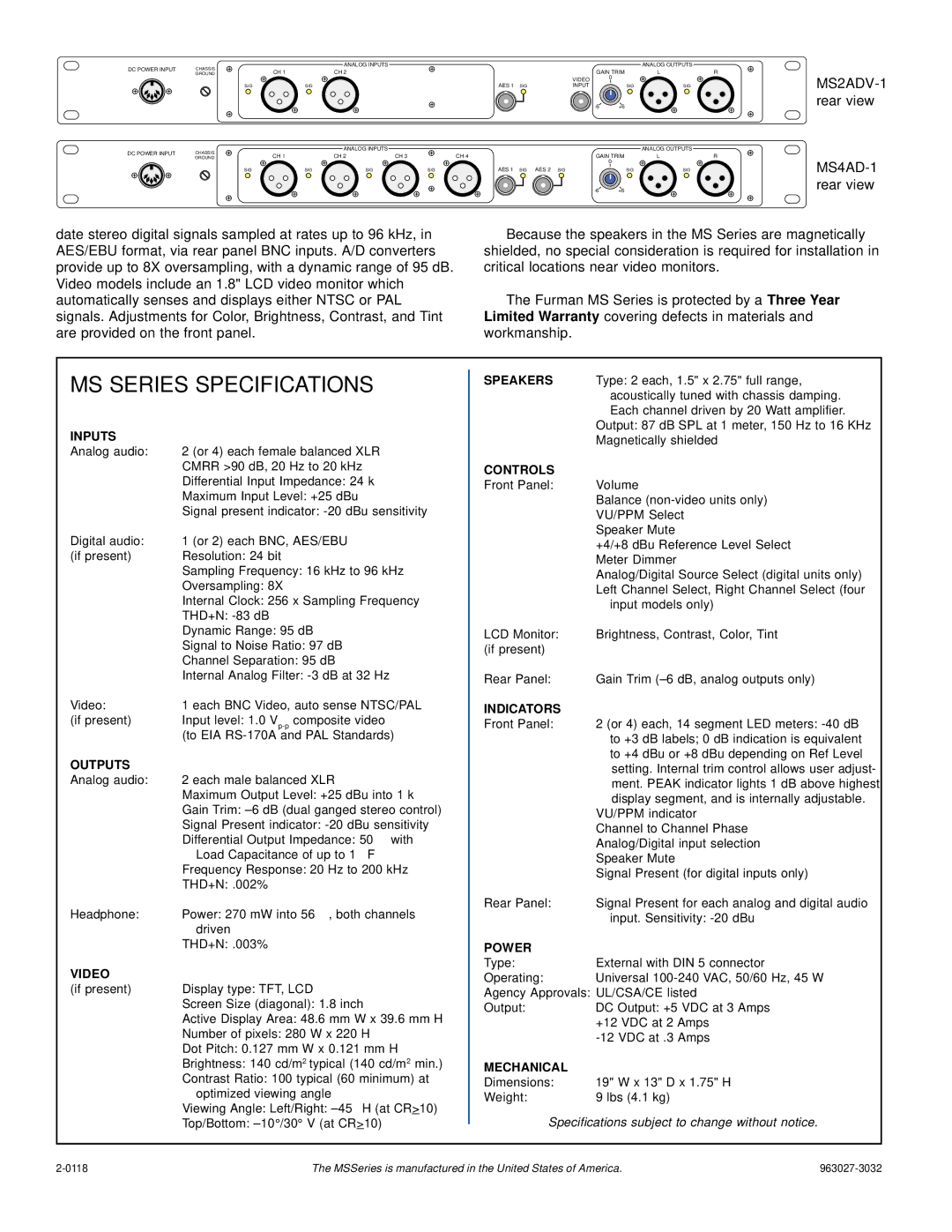 Furman Sound MS4AD-1, MS2AV-1, MS4A-1, MS2A-1 Inputs, Outputs, Video, Speakers, Controls, Indicators, Power, Mechanical 