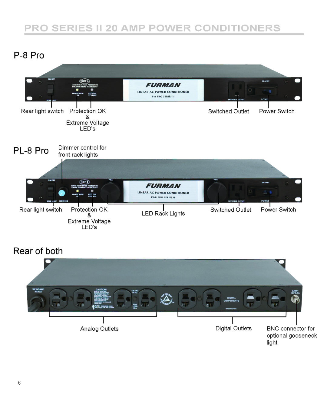 Furman Sound PL-8 PRO II, P-8 PRO II manual PL-8 Pro, Rear of both 